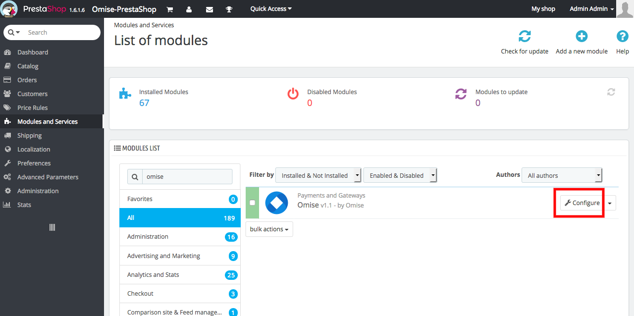 Configuration button for Omise module