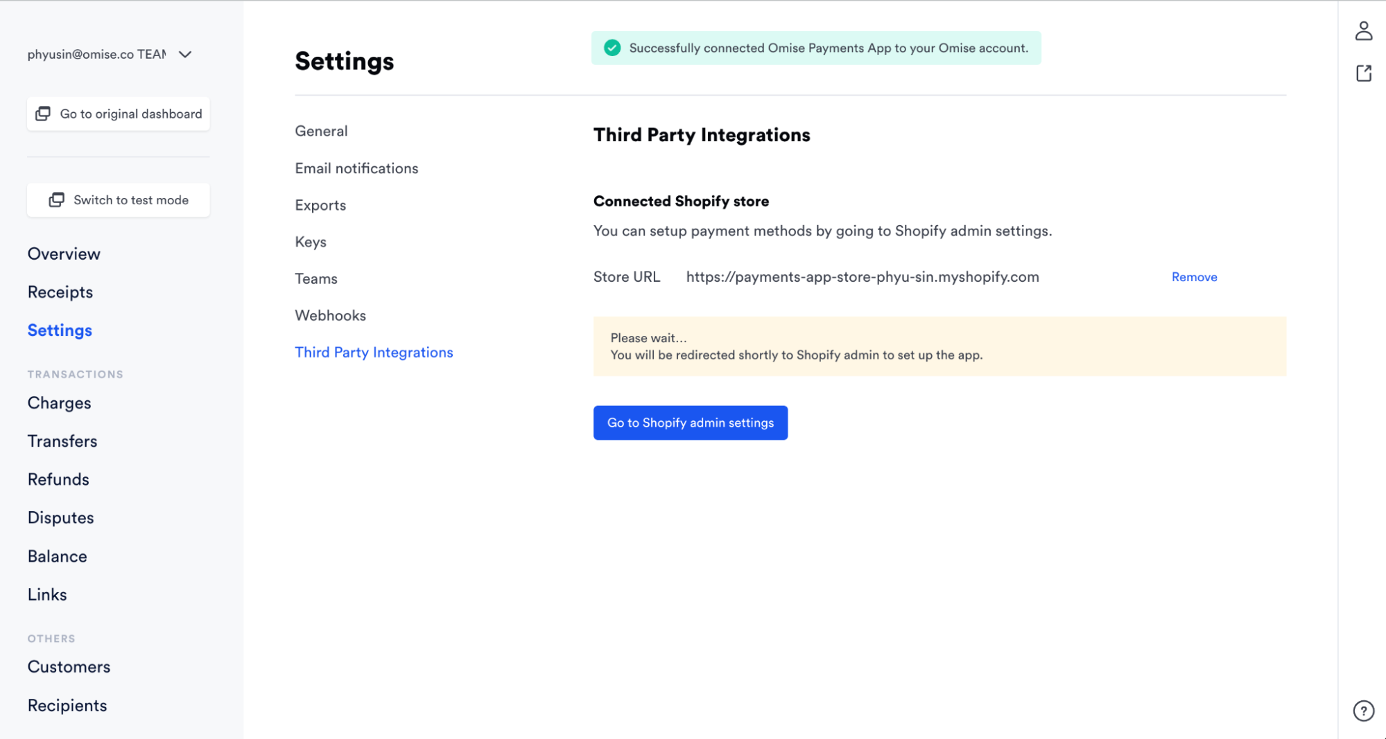 Shopify Admin redirect to payment settings