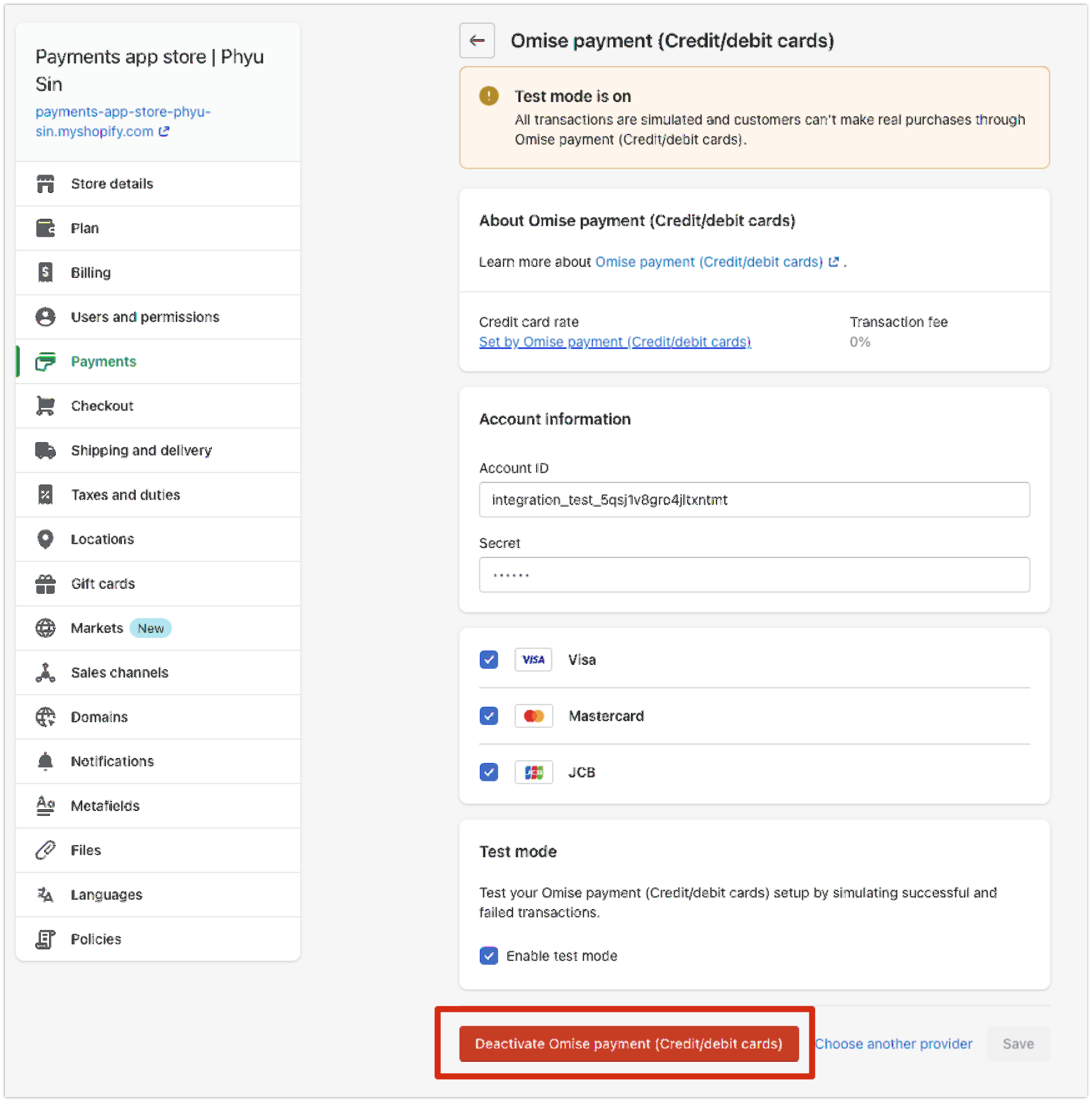 Deactivation button for payment methods