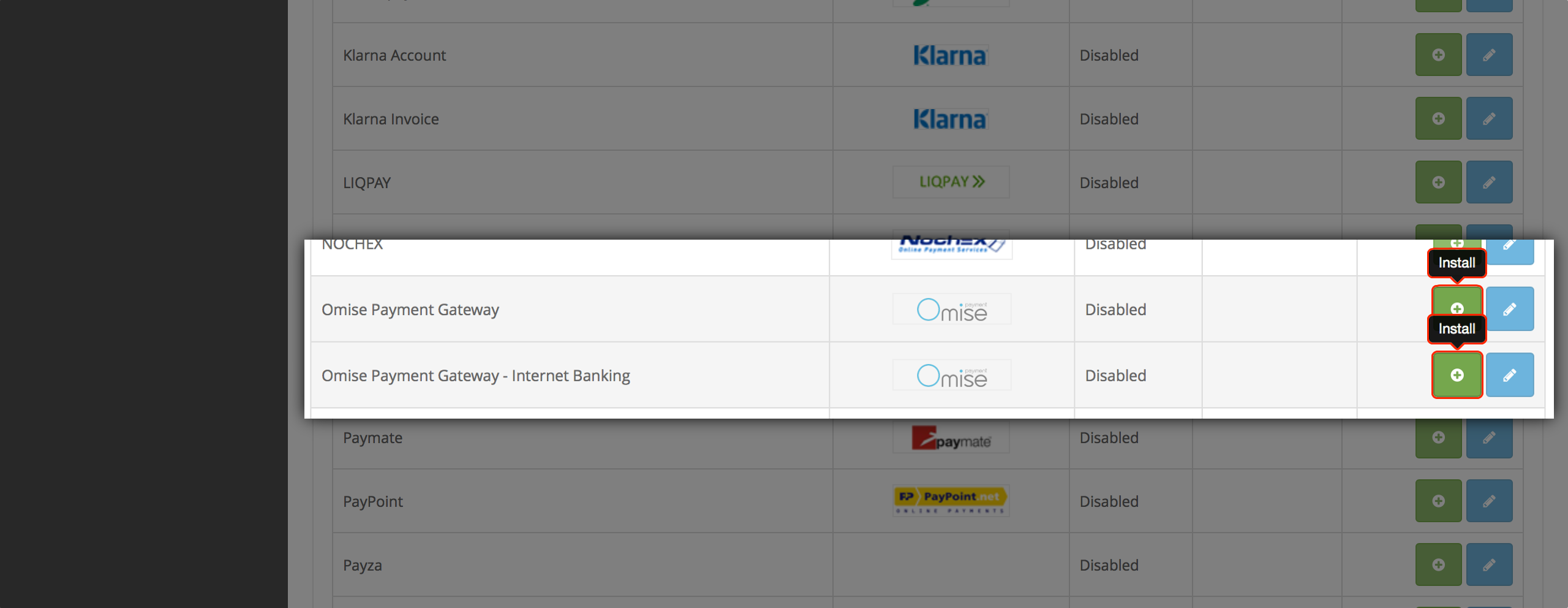 緑色の + ボタンを使用したインストール