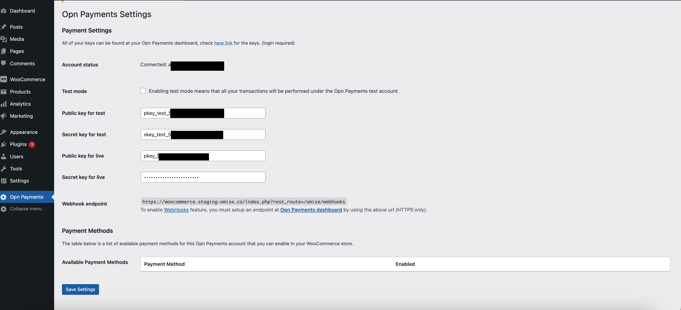 Omise設定ページ（APIキー付き）