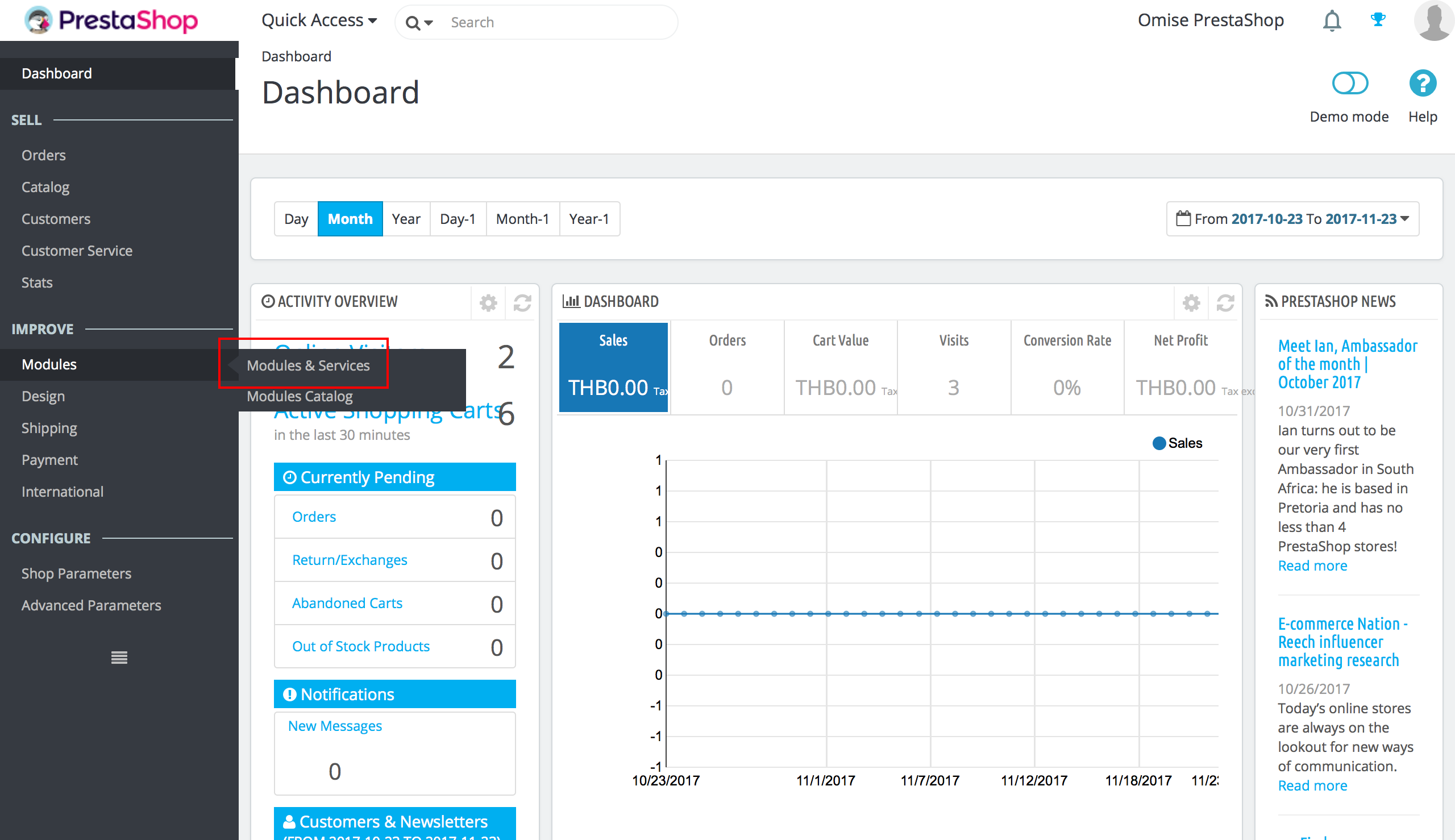 การนำทาง PrestaShop admin ไปยังโมดูล